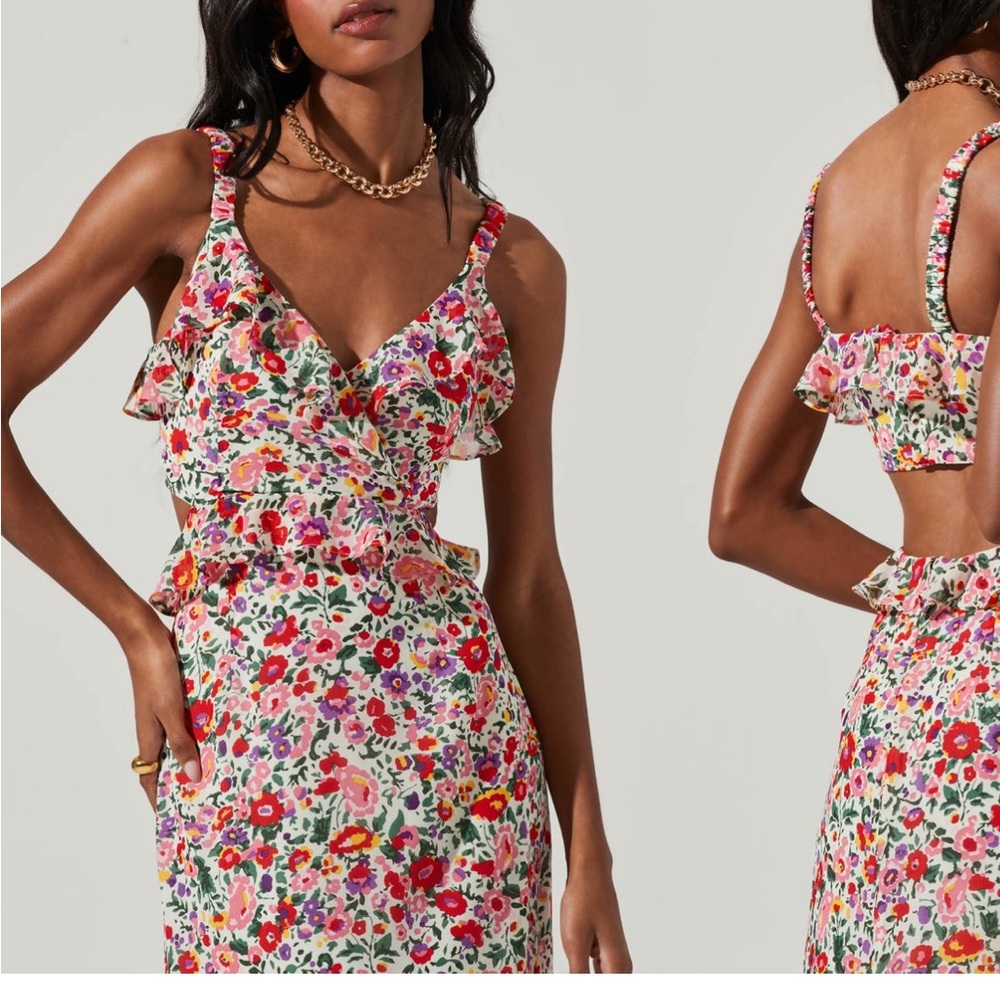 ASTR red and pink floral dress with cutouts, new, size L
